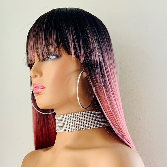 Very Pretty Long Ombre Dark Pink Synthetic Wig with Bangs - Picture 7 of 12